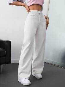 SHEIN ICON 大码女式休闲口袋直筒白色牛仔裤 - 白色 - 查看 6