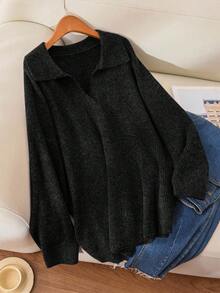 CosyJoli Plus Size Solid Color Casual Pullover Sweater, Autumn/Winter Fall - Black - View 3