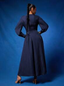 NYA SZN 连衣裙长袖深 V 领修身特殊场合端庄早午餐婚礼宾客新娘派对约会商务休闲长款秋季女士服装 - 藍色 - 查看 3