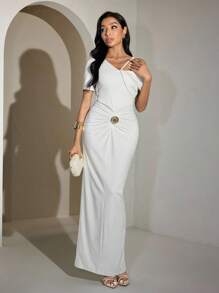 Modelyn Women's Elegant Solid Color Asymmetrical Collar Long Dress, Summer, All White Party Outfit - White - View 4