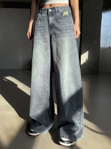 Dazy Tall 女式高腰破洞装饰宽松直筒牛仔裤，休闲街头风格裤子