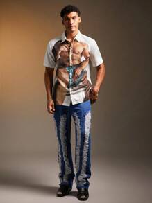 FeverCity Men's Fashionable Figure Print Short Sleeve Shirt, Summer