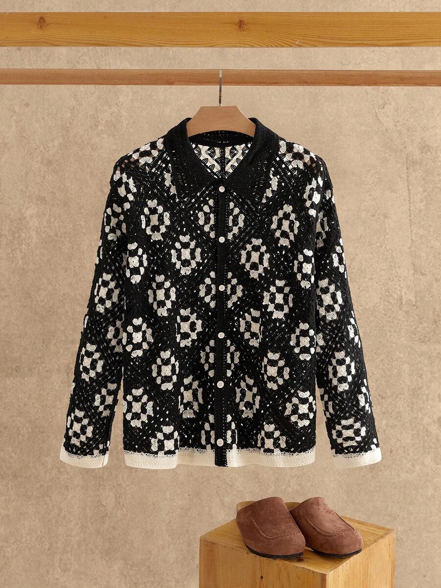 Manfinity NXTstreet 男士休闲宽松落肩开衫，适合秋冬季男士开衫男士毛衣外套黑白夹克男士针织开衫花卉开衫男士钩针开衫男士针织夹克 - 彩色 - 查看 1