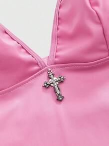 ROMWE Goth Body estilo gótico con colgante de cruz, material de PU - Rosa - Ver 3