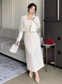 DAZY Women's Solid Color Lapel NeckLong Sleeve Double-Breasted Jacket And Dress Elegant Suit Set Buisness Attire - White - View 8