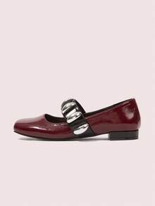 CUCCOO DOLLMOD Zapatos de mujer de tacón bajo con puntera cuadrada roja a cuadros, estilo japonés lindo para el campus - Burdeos - Ver 6