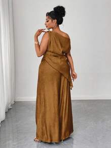 Maweii Plus Size Women's Fashion Casual Asymmetric Shoulder Top & Loose Pants 2 Pieces Set - Coffee Brown - View 3