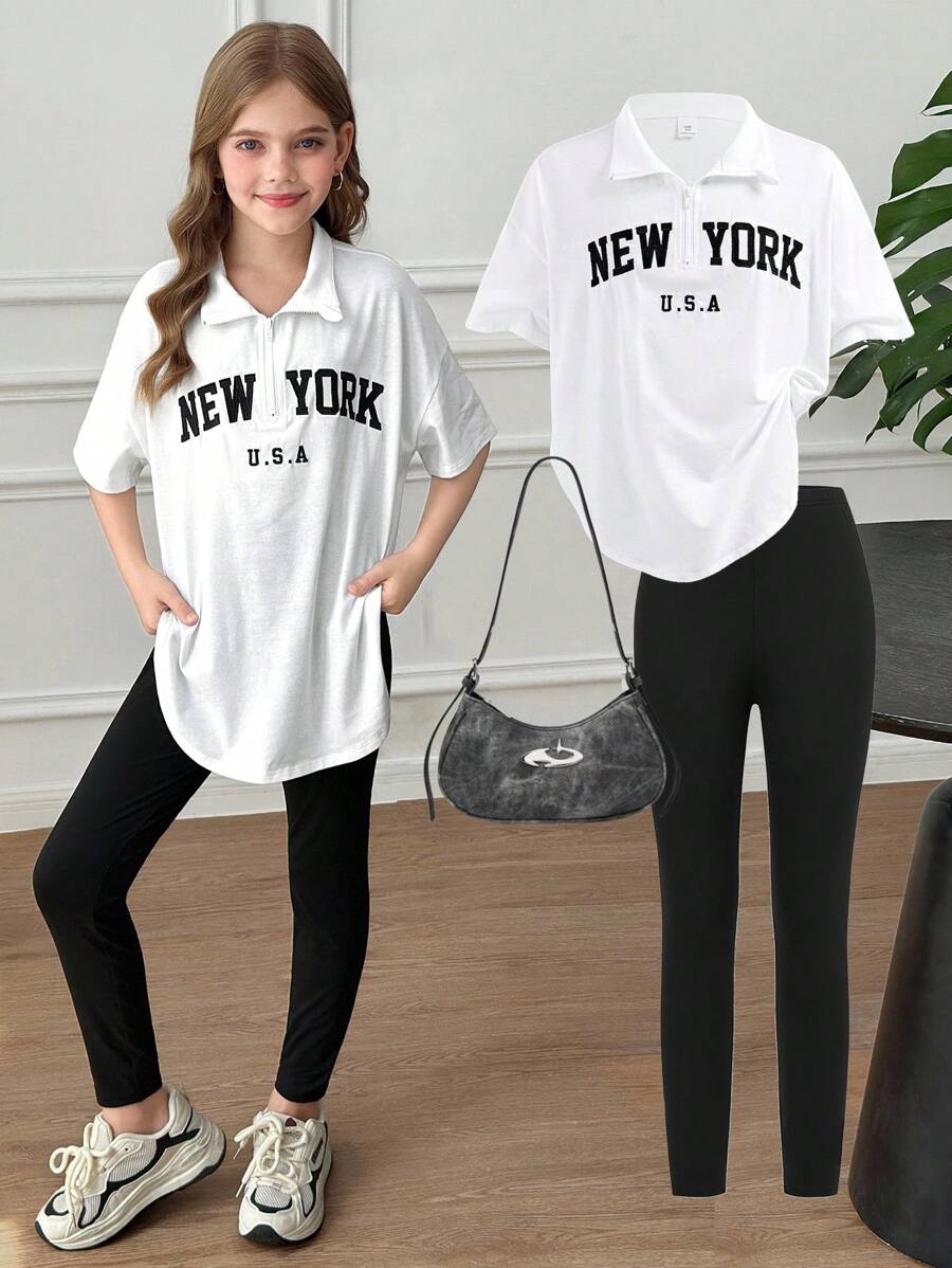 SHEIN Ensemble de 2 pièces pour jeune fille, style streetwear, t-shirt demi-zip avec col et legging noir unicolore, pour le port casual quotidien - Blanc - Voir 1