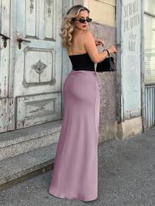 Jeta Ari Váy Maxi Satin Cạp Cao Trang Phục Cho Nữ - Màu tím hoa cà - Xem 2