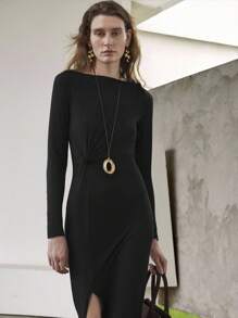 Uhlyne Uhlyne Women's Elegant Black Autumn Office Wear Knit Dress,Minimalist Metal Buckle Off Shoulder Long Sleeve Twist Waist Slit Casual Vacation Cloth - Black - View 8