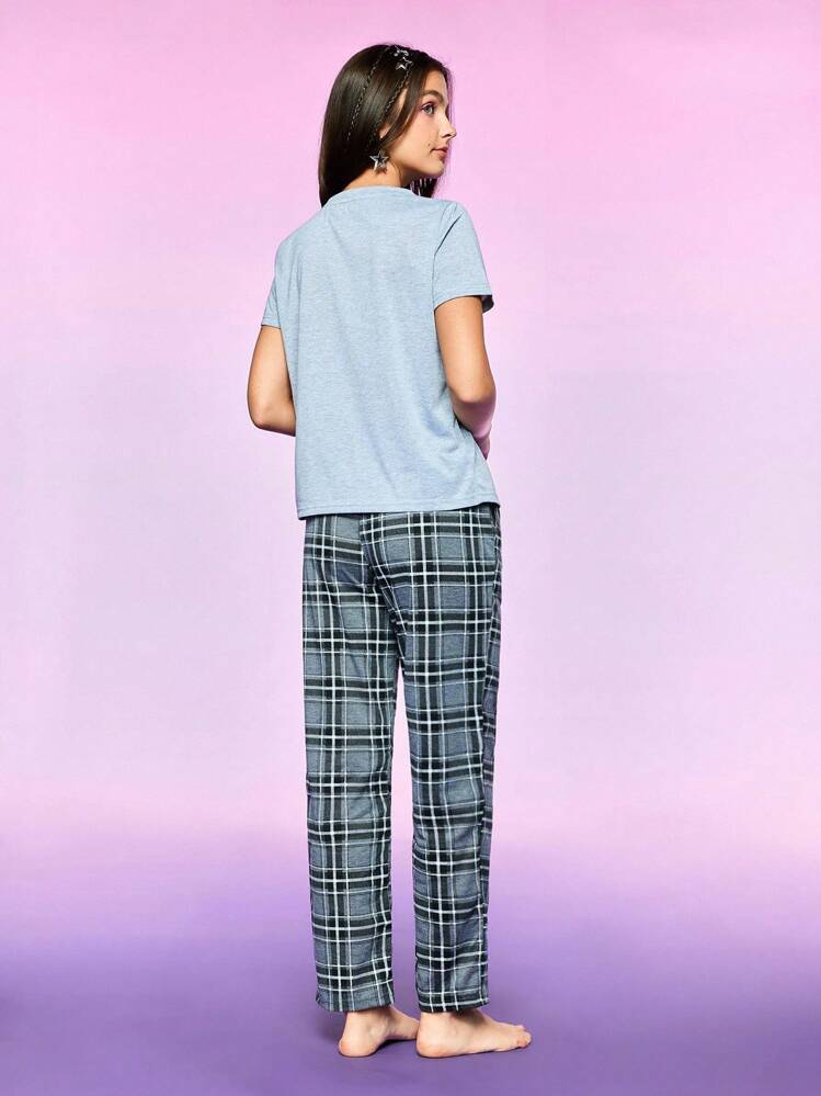 Notgurli 女士字母印花短袖上衣和格子裤睡衣套装 - 淺灰色 - 查看 2