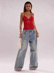 SHEIN BAE Women's Summer Sequin Floral Delicate Elegant Camisole Top - Red - View 6