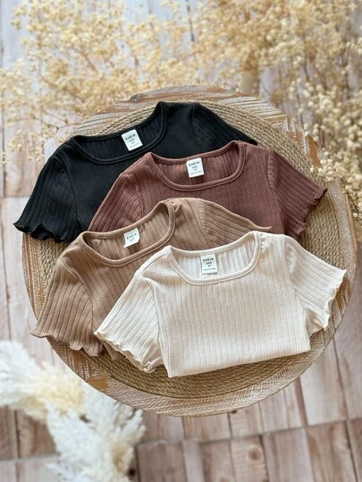 Emery Rose Kids Emery Rose Kids 4件套少女针织纯色条纹圆领修身休闲T恤