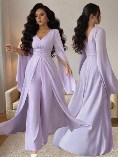 Rafferiza 紫色时尚简约优雅 V 领褶皱网眼灯笼袖女式春夏连体裤，搭配同色飘逸网眼装饰设计新颖女士连体裤