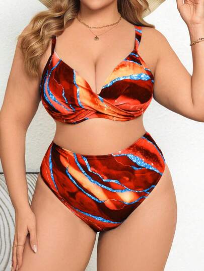 Swim Lushoire Plus Size Women Abstract Tie-Dye Print Twist Front Design Swimsuit Set Plus Size Two Piece Swimsuit Plus Size Bikini Set Curvy Two Piece Swimsuit For Summer Beach Vacation