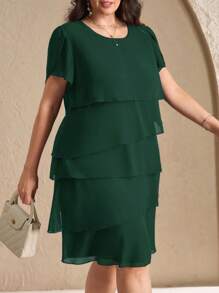 Chikora Plus Size Women's Solid Color Round Neck Ruffle Hem Loose Casual Dress