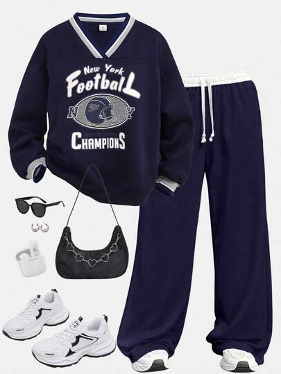 SHEIN Girlism Teen Girl Solid Navy V-Neck Letter Graphic Loose Long Sleeve Sporty Collegiate Sweatshirt, Casual, Versatile, Back To School, Athletic, Retro American Style Autumn Winter Clothes For Girl