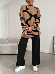 EURMUSE Graphic Pattern Drop Shoulder Sweater & Knit Pants - Brown - View 5
