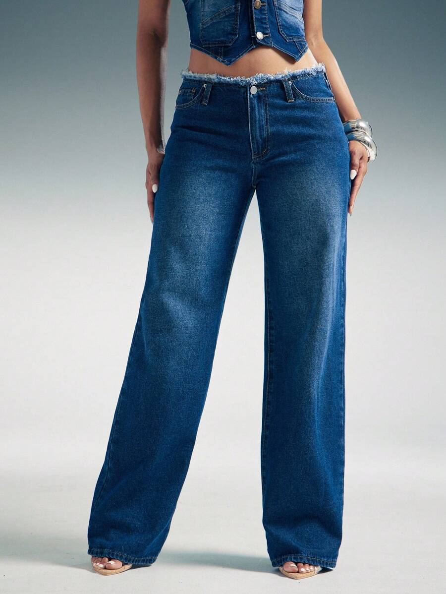 Denimoi 低腰毛边直筒牛仔裤，低腰牛仔裤，时尚 Y2K 性感夏季风格音乐会牛仔裤 - 深色水洗藍 - 查看 1