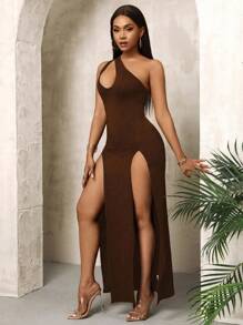 BamGleam Women's Solid Color Hollow Out Asymmetrical Neckline Split Thigh Sexy Sleeveless Dress For Summer Maxi Women Outfit Skin Revealing - Rust Brown - View 6