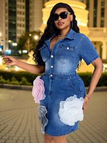 Slaydiva Robe patineuse en jean avec broderie florale pour femmes grande taille - Jean bleu - Voir 5