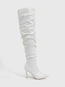 CUCCOO SZL 女士时尚尖头细高跟白色高筒靴，褶皱过膝靴，性感派对宴会夜总会高跟鞋 - 白色 - 查看 8