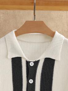 Manfinity NXTstreet Men's Casual Two-Tone Ribbed Knit Cardigan Men Knit Shirt Men Retro Shirt Knit Shirt Crochet Shirt Men Knit Polo, Fall, Old Money, Winter