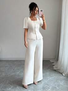 Elenzga 2 件套全新设计纽扣衬衫，腰部收紧，直筒长裤，女士服装，春夏毕业季 - 杏色 - 查看 1