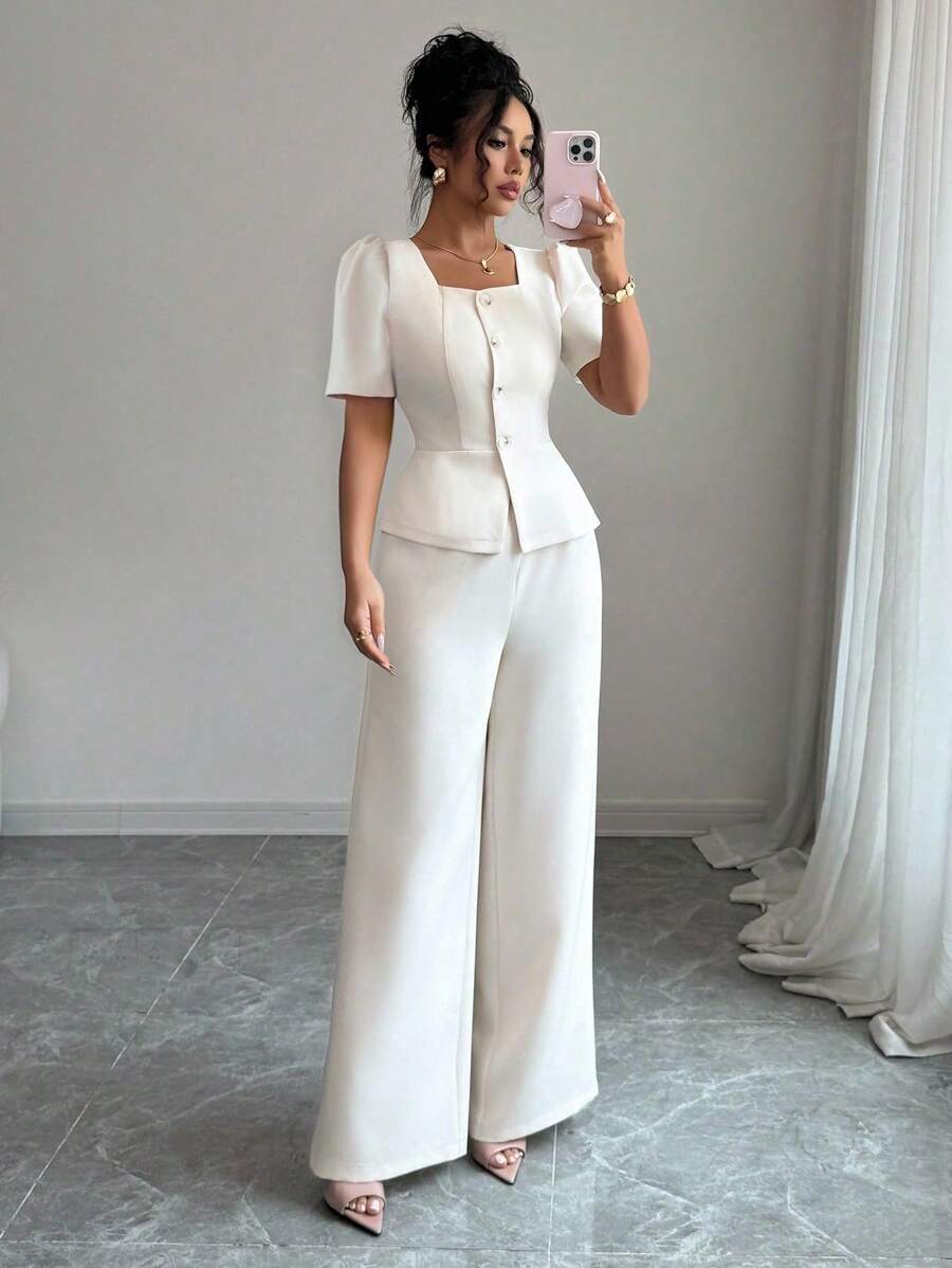 Elenzga 2 件套全新设计纽扣衬衫，腰部收紧，直筒长裤，女士服装，春夏毕业季 - 杏色 - 查看 1