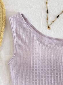 SHEIN Bộ 2 món đồ thường ngày cho bé gái tuổi mới lớn: Áo len dệt kim lệch vai có họa tiết và quần short ôm sát, thích hợp cho tiệc tùng, bãi biển, du ngoạn, lễ hội, mùa hè - Màu tím hoa cà - Xem 3