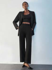 Maija Bộ đồ công sở 2 mảnh màu đen trơn thời trang tối giản thoải mái khi đi làm hàng ngày, trang phục chuyên nghiệp, áo khoác dài tay và quần ống rộng có khóa kéo, cạp chun thoải mái, thường ngày cho công sở - màu đen - Xem 4