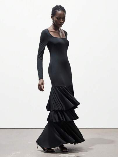 Lumivelle Vestido elegante, romántico y casual de cuello cuadrado, manga larga, ajustado y con dobladillo con volantes, para otoño