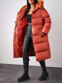 EURMUSE Solid Color, Faux Fur Hooded, Zip Up Winte Coar - Bronze - View 6