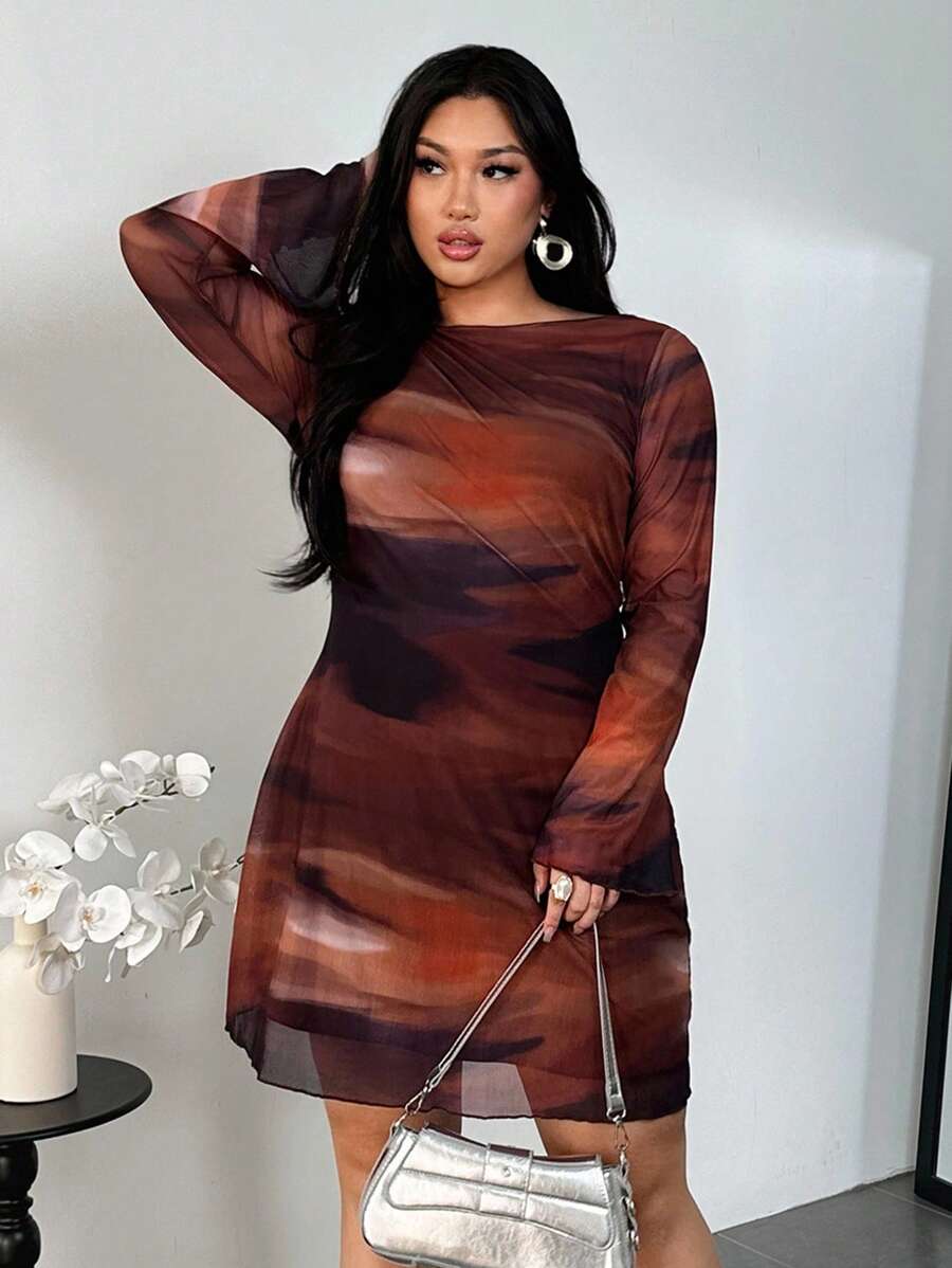 Firerie Plus Size Women's Ombre Gradient Print Backless Flare Sleeve Mini Mesh Sheer Sexy Flare Sleeve Dress, Vacation Dress, Sexy/Vacation/Beach/Romantic/Music Festival/Casual/Music Festival Art Print Gradient Pattern Short Dress With Waist And Back Tie Clothes For Women Abstract Print Dress Slay Diva Dress Curvy Dress Long Sleeve Dresses Curvy Summer Spring