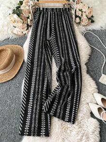 EMERY ROSE 大码女式黑色条纹印花休闲裤，适合通勤和日常穿着