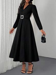 EURMUSE Vestido largo y elegante de mujer con pliegues y cinturón - Negro - Ver 3