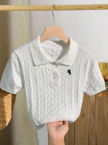 Blossori LMoss Young Girl Solid Color Polo Neck Casual Sweater White Cable Knit Sweater Kids White Kids Sweater Kids Polo Shirt Sweater Girls White Sweater Toddler Girl White Sweater,Girls School Uniform,School Tops,Tops For School,Fall Sweaters - White - View 1