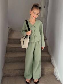 Easowa Tween Girl Bow Front Drop Shoulder Top & Wide Leg Pants - Green - View 4