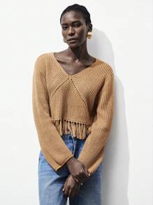 Lumivelle Suéter de punto casual de mujer con bajo con flecos y unicolor, para otoño e invierno