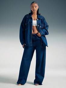 Denimoi 落肩长袖宽松单排扣休闲口袋牛仔衬衫长袖牛仔上衣 - 深色水洗藍 - 查看 4