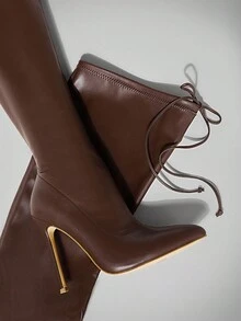 SHUZIA 女士百搭、保暖、性感过膝侧拉链细高跟靴 - 巧克力棕 - 查看 5