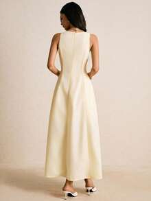 Poéselle 女式纯色休闲优雅无袖连衣裙 - 黃色 - 查看 7