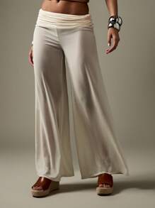 MISSGUIDED Quần Palazzo ống rộng cạp cao có cạp nhún, dáng suông, thoải mái khi đi biển, mặc đi chơi buổi tối, mặc đi biển, mặc đi tiệc, mặc đi chơi thường ngày - trắng - Xem 1