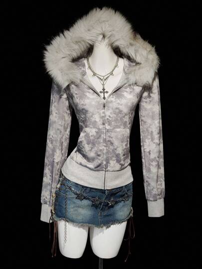 SHEIN ICON 女式复古迷彩毛绒长袖常规夹克女式拉链连帽衫秋冬款