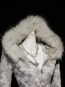 SHEIN ICON Women's Vintage Camouflage Fuzzy Long Sleeve Regular Jacket Women Zip-Up Hoodie In Fall/Winter