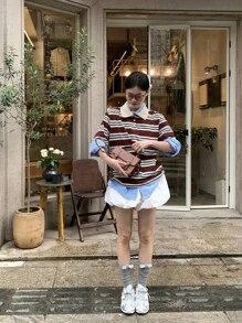 DAZY 女士条纹休闲韩版短袖T恤，适合返校季 - 咖啡棕 - 查看 13
