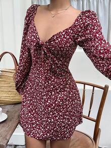 Sunnyshic Ditsy Floral Fitted Long Sleeve Dress Fall Cloth For Women