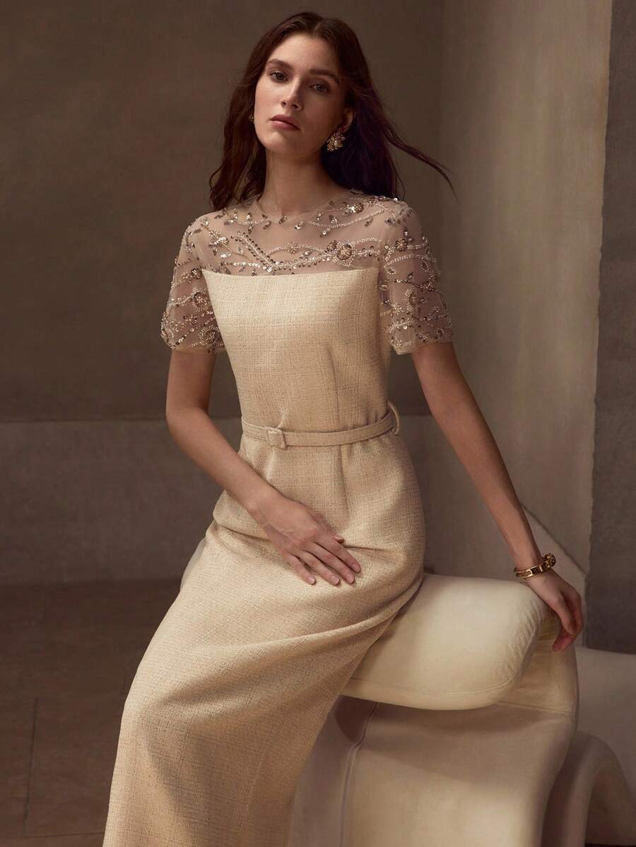 MOTF PREMIUM CONTRAST SEQUIN SHEER DRESS