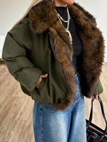 Muchica 绿色毛领女式休闲长袖棉服 - 軍綠色 - 查看 9