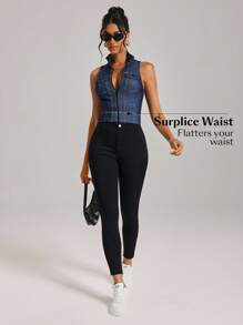 Flexra Women's Stand Collar Zip Front Fitted Denim Vest Jacket - Dark Wash - View 7